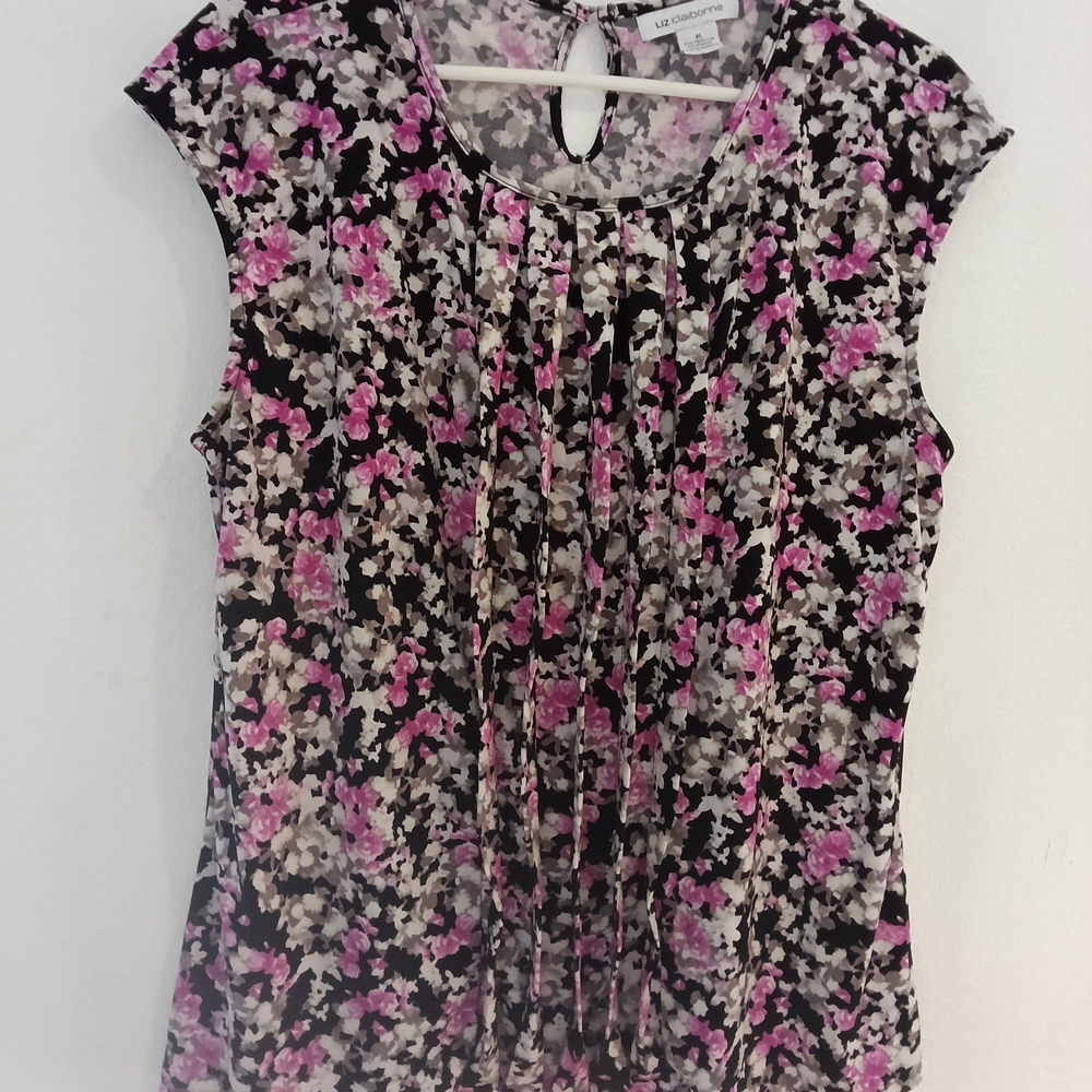 Liz Claiborne Black Top with Pink and Cream Floral Print